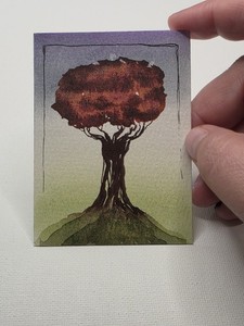 ACEO Art Card Original Hand-Painted Watercolor, Tree with Fall Leaves, Red