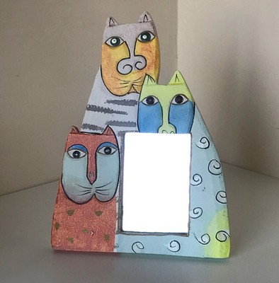 Vintage 1990er Laurel Burch Katzen Standspiegel primitiver Stil 21 cm hoch
