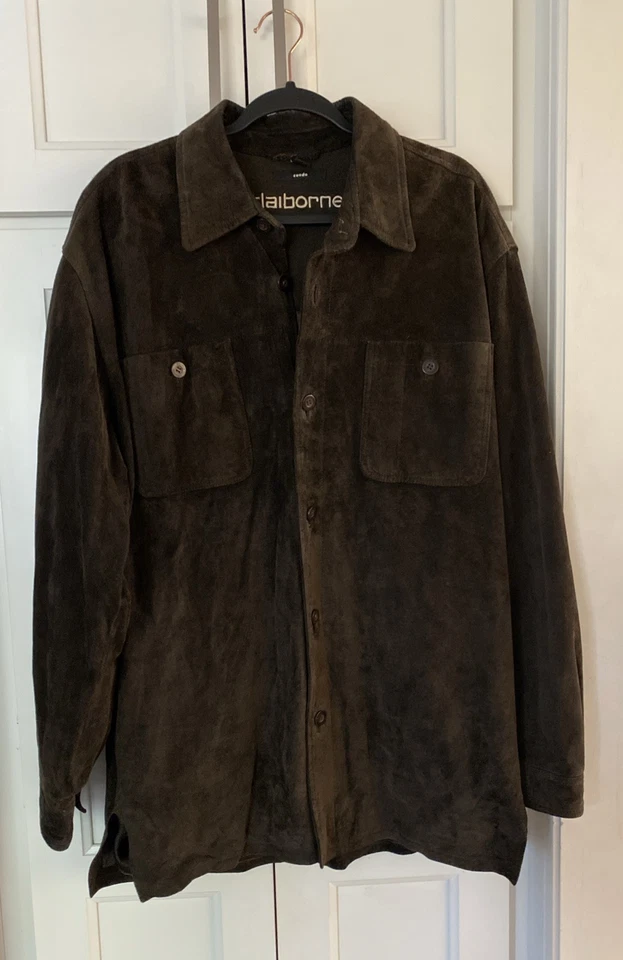De Colección Claiborne Gamuza Chamarra Para Hombres M Marrón Cuero Camisa Chaqueta Abotonada Foto 4 de 4