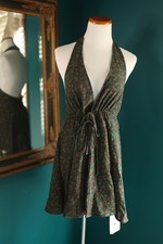 Cider NWT Dark Floral Ditsy Green Halter Deep V Neck Mini Dress Cottage Forest L
