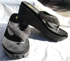 Volatile black rhinestone flip-flop style wedge sandals sz 6 leather upper