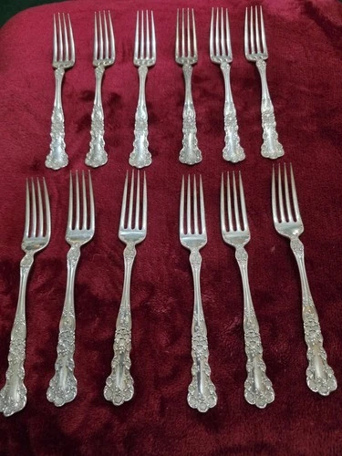 Set of 12 Gorham Sterling Silver Buttercup Dinner Forks 7 " long. 514 grams.