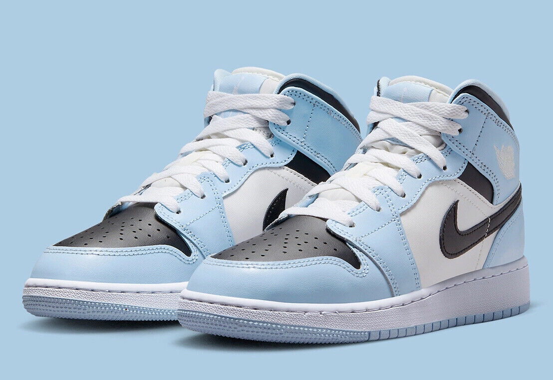 Nike Air Jordan 1 Mid Ice Blue Black White UNC Shoes 555112-401 (GS) Youth  Sizes