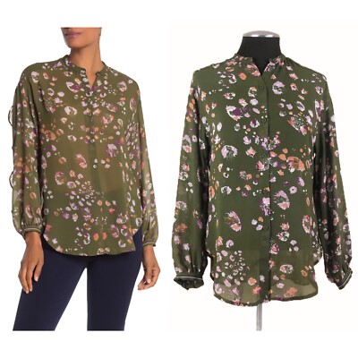 Max Studio - Olive Green Sheer Floral Ruffle Button Down - XS - NWT $98
