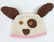 Crochet Bucket Puppy Hat Ivory Brown Ears Girl Beanie Cotton Yarn Doggy