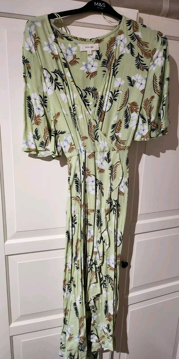 M&S Per Una light green floral mock-wrap midi dress frilled hem
