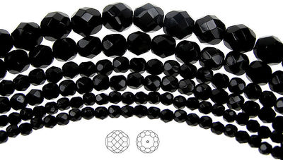 Czech Fire Polished Round Faceted Glass Beads in Jet black 3-14mm