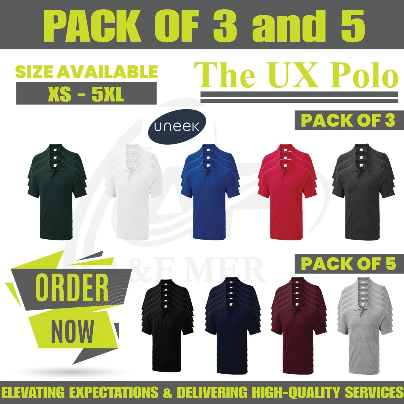 Pack 5 & 3 Uneek UX Polo Shirt Plain Short Sleeve Casual Poly Cotton Unisex UX1
Opens in a new windo