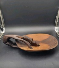 Vintage African Hand Carved Wooden Bowl Giraffe Drinking Handle Decorative Brown