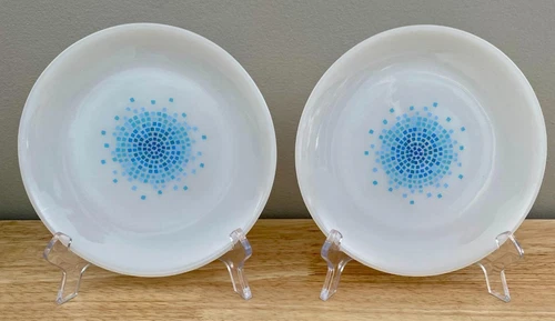Vintage Lot of 2 Fire King Blue Mosaic Milk Glass Salad Plates 7 1/2"  Desert