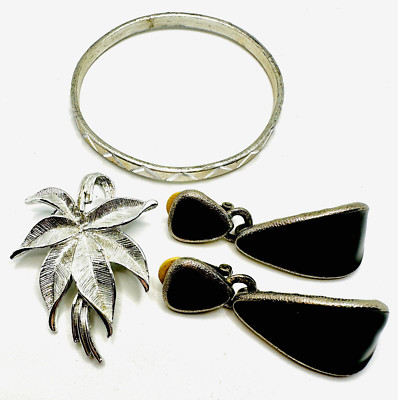 Vtg Lot Silver Tone Anne Klein Black Earrings, Gerry's Brooch, Eloxal Bangle