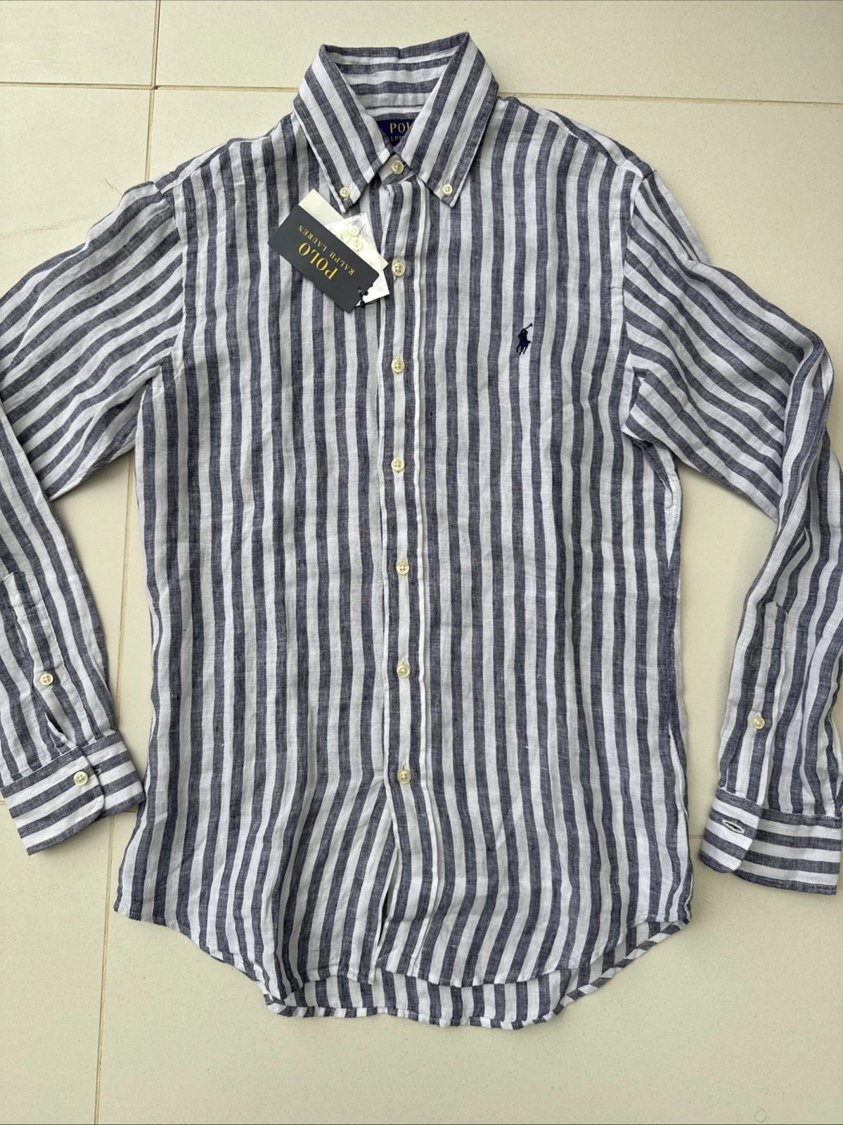 New Polo Ralph Lauren Custom Fit Grey White Striped Long Sleeve Linen Shirt. L
