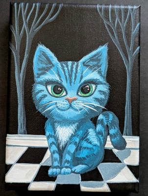 #ad #ad ORIGINAL PAINTING Folk Art Whimsical Blue Cat Alice Wonderland Cheshire Kitten $45.00