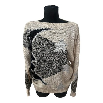 Vintage Damen Strickpullover Gr L Creme Glitzer Sterne Elegant Weit