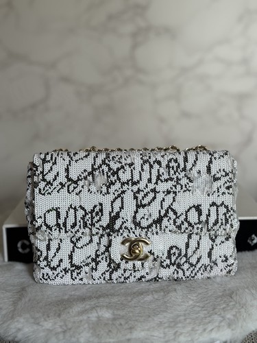 CHANEL 22C White and Black Sequin Mini Flap Bag LGHW 2022