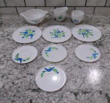 Vintage Andy Gard Childrens Plastic Toy Dishes, Lot Of 10, Blue Bird Pattern