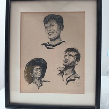 Vtg Signed Three P.L. Joes Original Framed Pencil Etching Faces Of American West