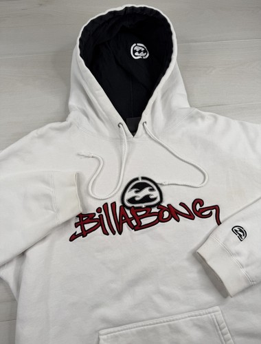 Vtg Billabong Hoodie White Graffiti Embroidered Logo Surf Skate 90s Y2K Mens L