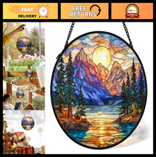 Mountain Sunrise Stained Glass Suncatcher - Nature Wall Art, 7.9x7.9in, Indoor D