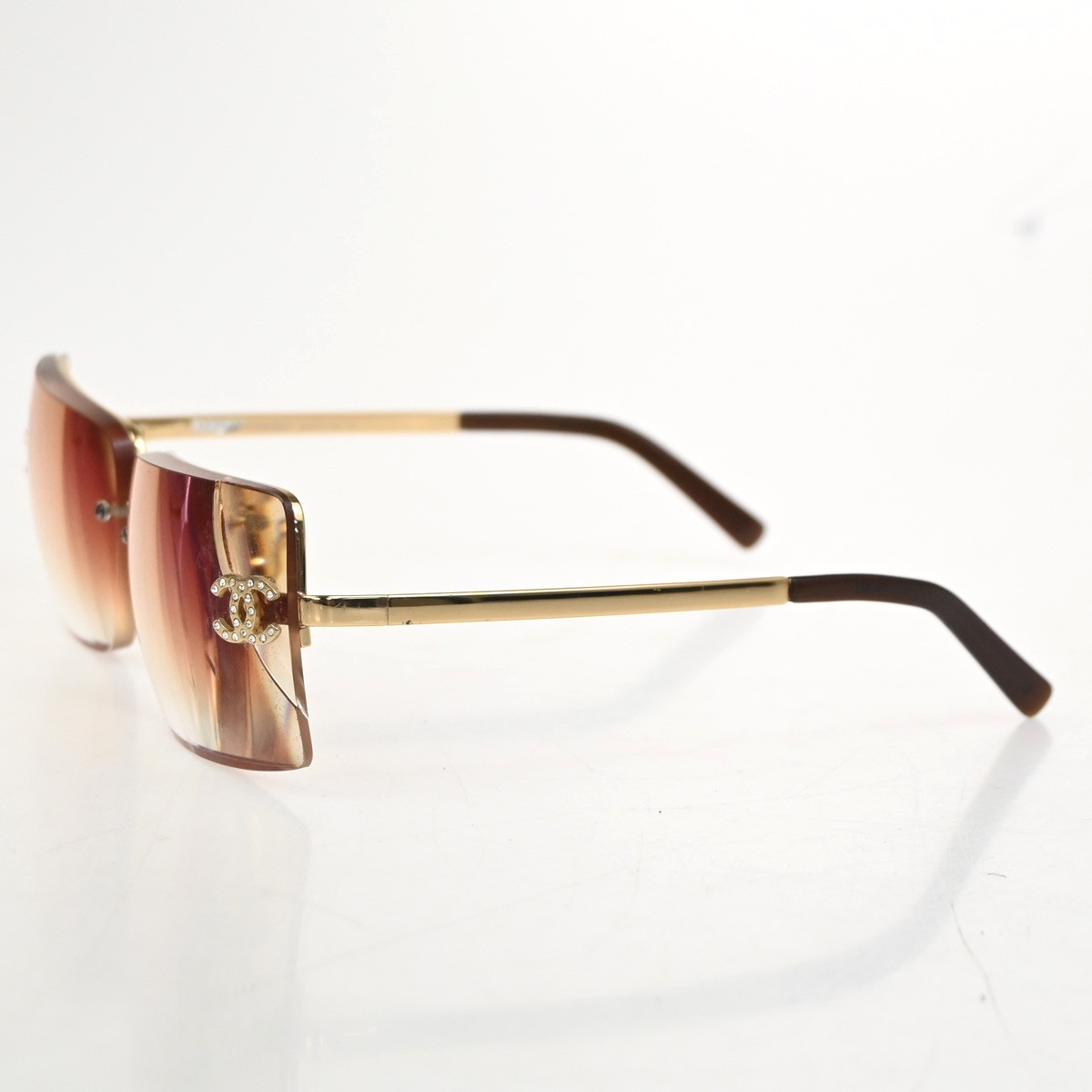 CHANEL CC Logo Rhinestone Rimless Sunglasses 4092-B Plastic Metal