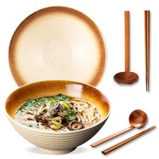 8 Inch Ceramic Ramen Bowl Set of 2, 40oz Japanese Bowls with Spoons  Y-Amber