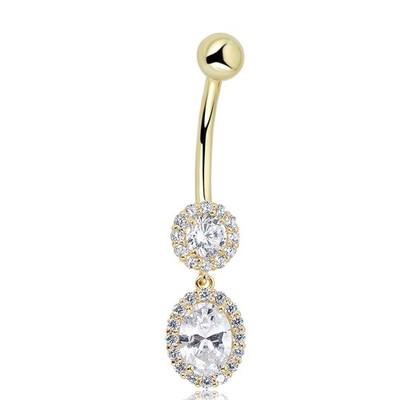 AVORA 10K Yellow Gold Cubic Zirconia CZ Oval and Round Dangling Belly Button