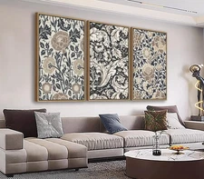 Large Flowers Wall Art for Living Room Natural Wood Float Framed Art Set of 3...