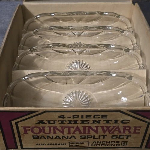 Vtg MCM Anchor Hocking Banana Split Dish Atomic Starburst Soda Fountainware x4