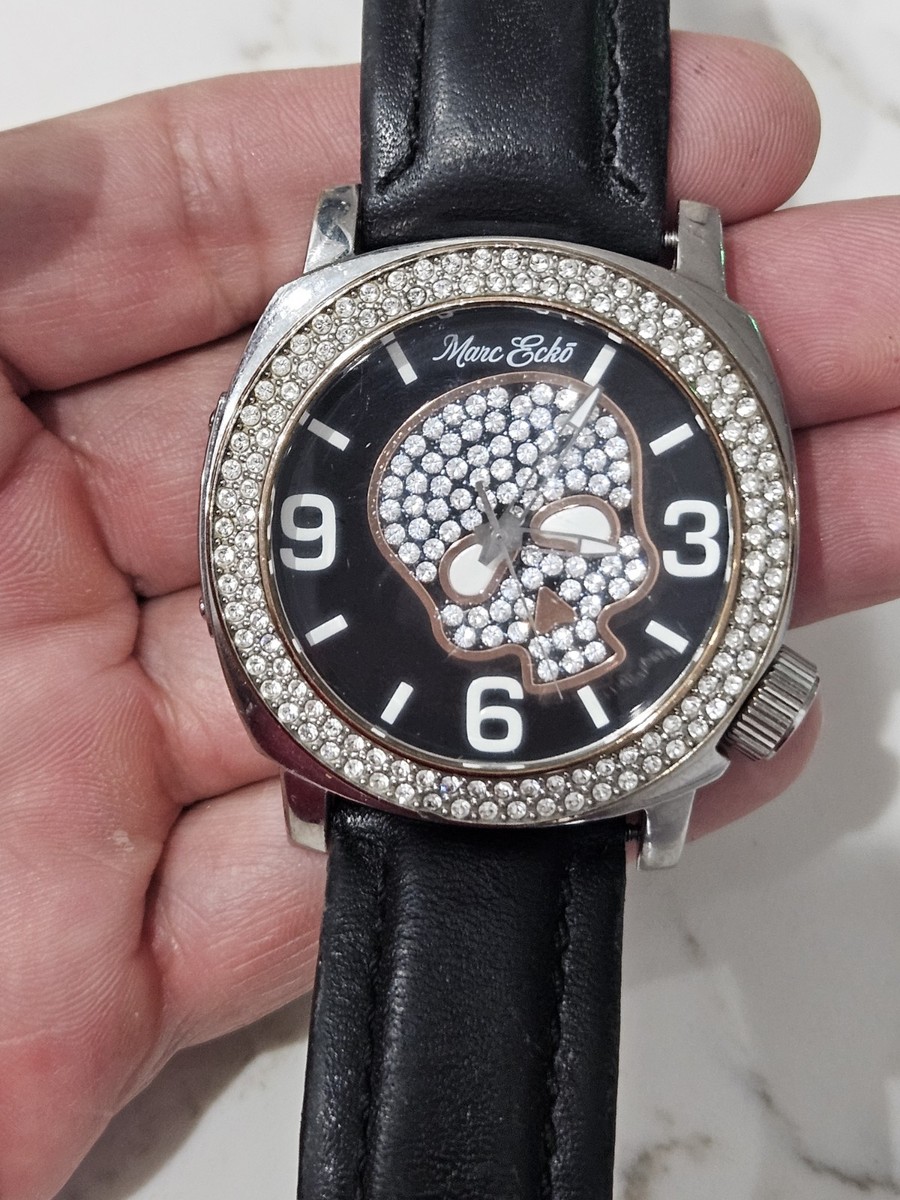 Marc Ecko Watch Black Genuin Leather And Crystals Skull new