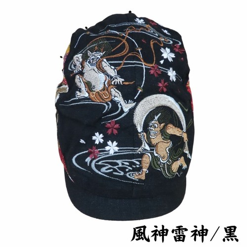 Ripple Japan Japanese Pattern Embroidered Flat Cap Fujin and Raijin - Black - Picture 2 of 2