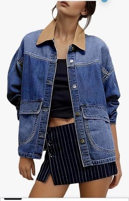 EVALESS Jean Jacket Women Trendy Color Block Denim Jacket Oversized Long Sleeve