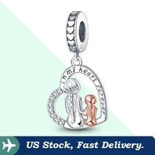 KUNSIR 925 Sterling Silver Mother Daughter Heart Pendant Charm For Bracelet DIY