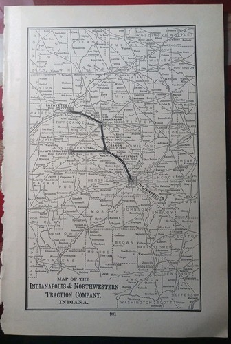 ~1904 RARE Railroad Map INDIANAPOLIS & NORTHWESTERN TRACTION CO Trolley Routes