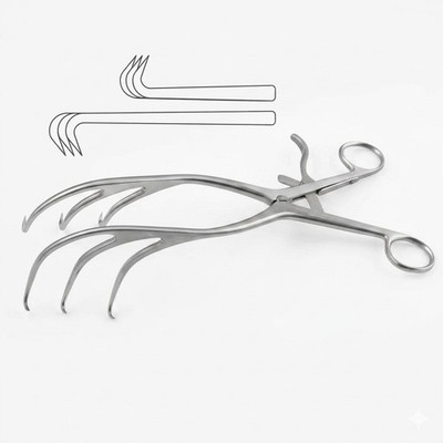 Multi-Level Offset Gelpi Retractor, Left Sharp 3x3 Prongs, 7mm Tip, 10.5''