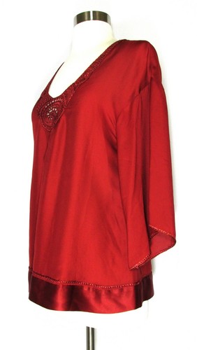 MAX STUDIO Top Blouse Rust Orange Crochet Neckline Rayon Silk Blend Boho XS - Picture 2 of 2