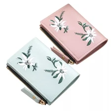 Women Small Flower Leather Bifold Credit Card Holder Wallet Mini Slim Coin Purse
