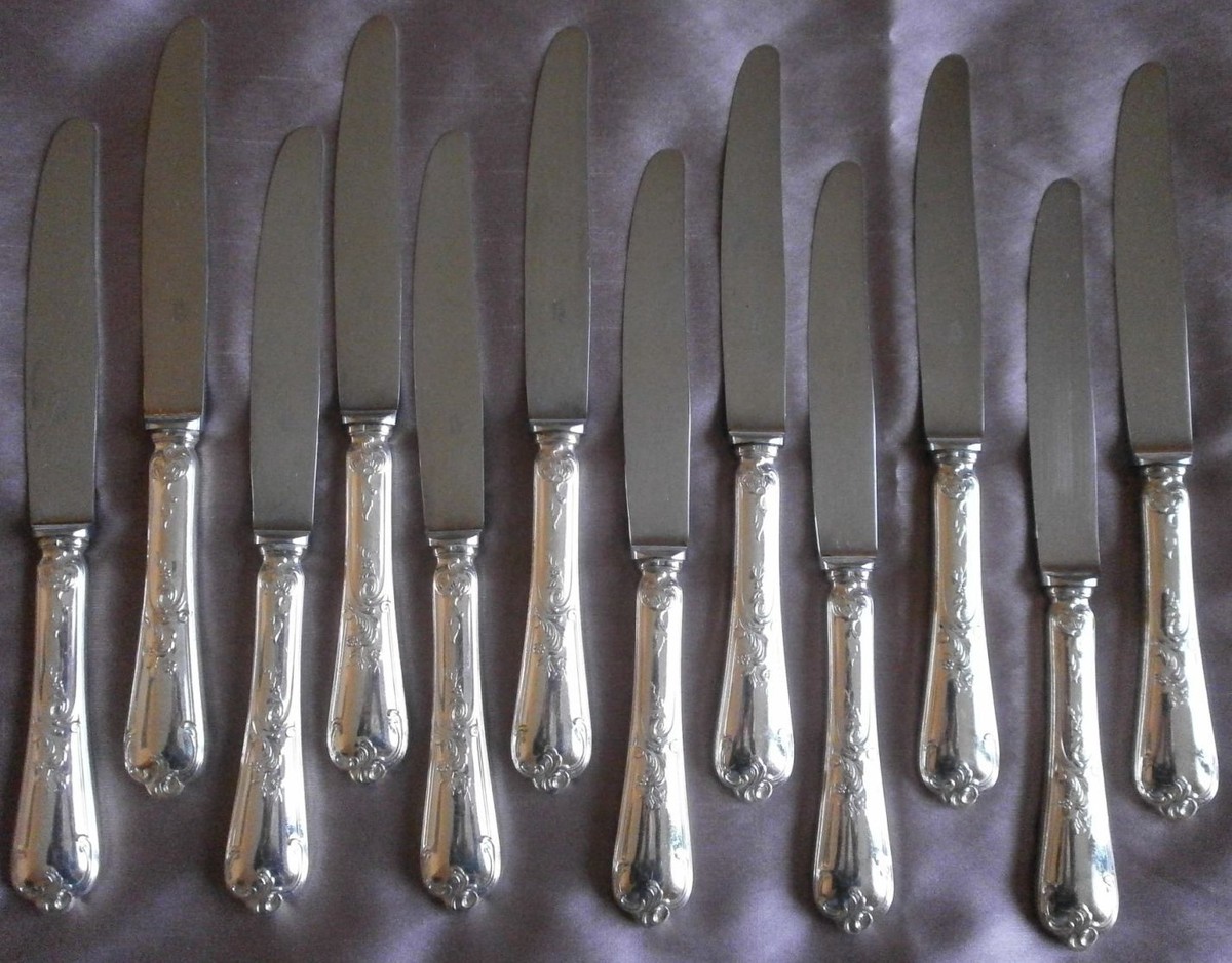 12 Couteaux De Table Argentés Style Louis XV – Rocaille Marly, 25 Cm