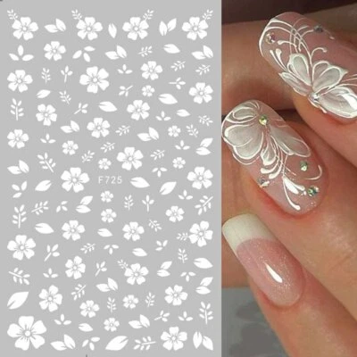 Nail Art Stickers Transfers Decals White Spring Flowers Fern Daisy Leaf (F725)