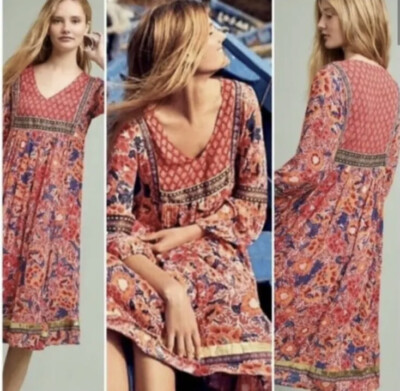 RD + Koko Anthropologie XS Red Floral Midi Boho Peasant Festival Swing Dress  | eBay
