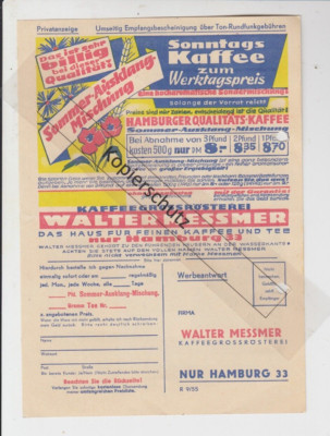 Werbekarte KAFFEE Walter Messmer Hamburg Rösterei 1955 Rundfunkgebührenkarte