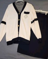 ST JOHN MARIE GRAY Santana Knit Skirt Suit Set 3 Pc Sz 8 Varsity Cardigan  Tank