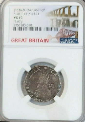 1636-8 ENGLAND SILVER 6 PENCE S-2813 CHARLES I NGC VG10 SCARCE BEAUTY