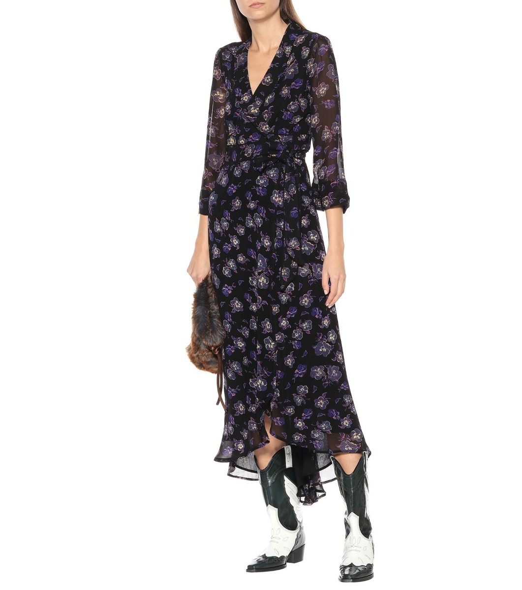 NWT GANNI Floral Georgette Maxi Wrap Dress in Black/Purple
