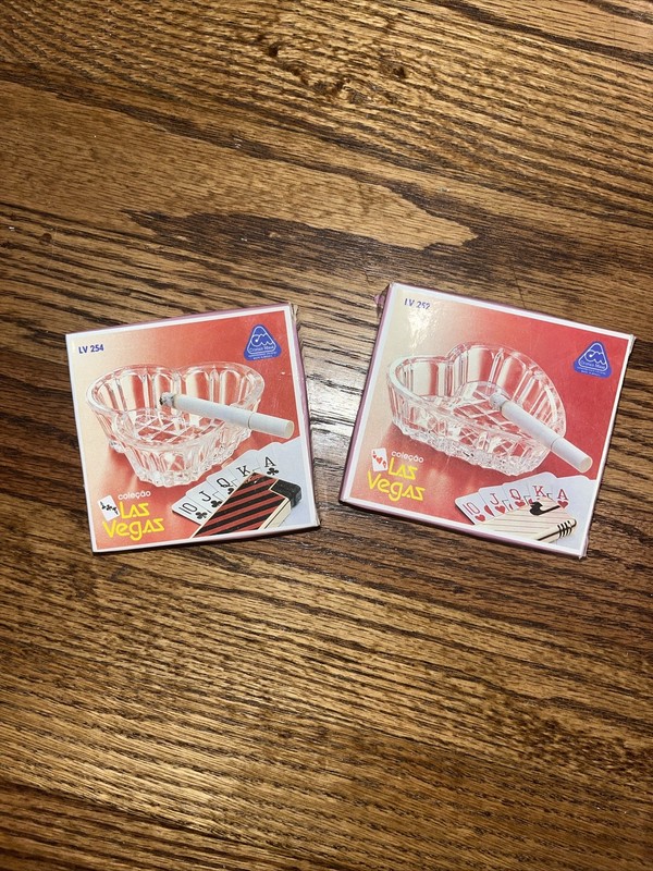 2 Vintage Cristias Maua Las Vegas Ace Hearts Clubs Ash Tray w/ Box LV 252 254