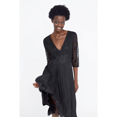 zara lace pleated dress Zara Black Lace Pleated Midi Dress The Hangout
