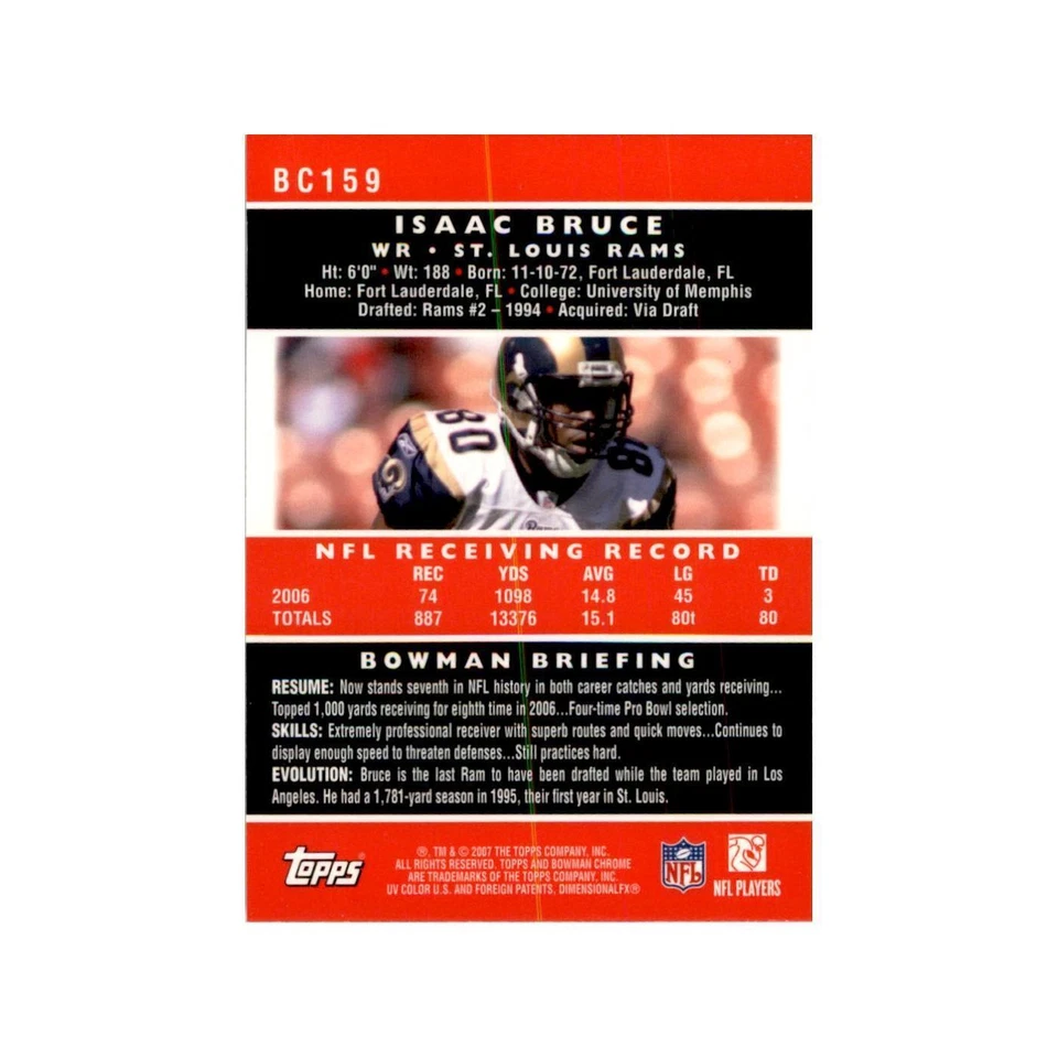 2007 Bowman Chrome Isaac Bruce Football Cards #159 - Image 2 of 3