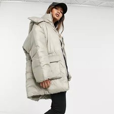 Weekday Oversized Martine Puffer Coat W/ Cargo Pockets In Gray Women’s Xs $182