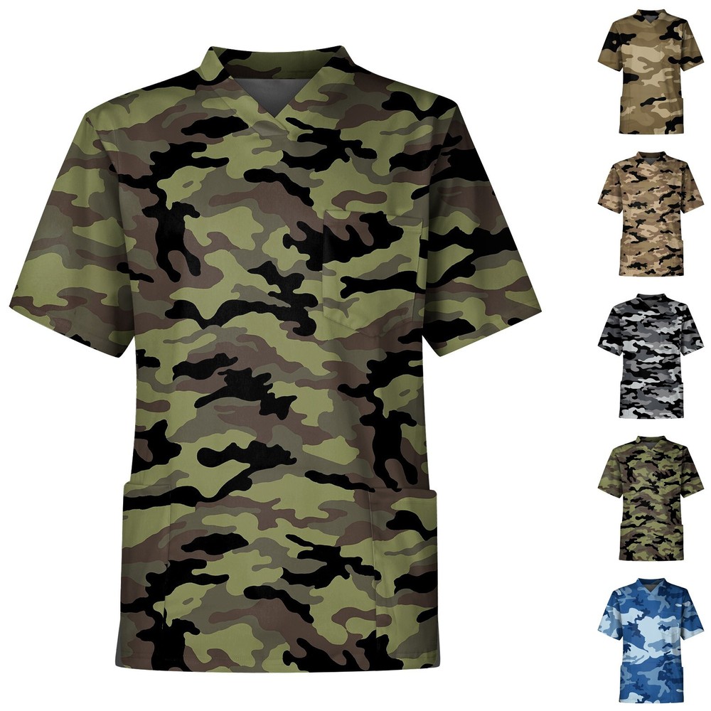 Men's  Camouflage Fashion Stretch Medical Nursing Printed Scrub Top Sizes