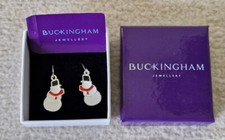 BUCKINGHAM JEWELLERY WHITE METAL ENAMELLED "SNOWMAN" DROP EARRINGS