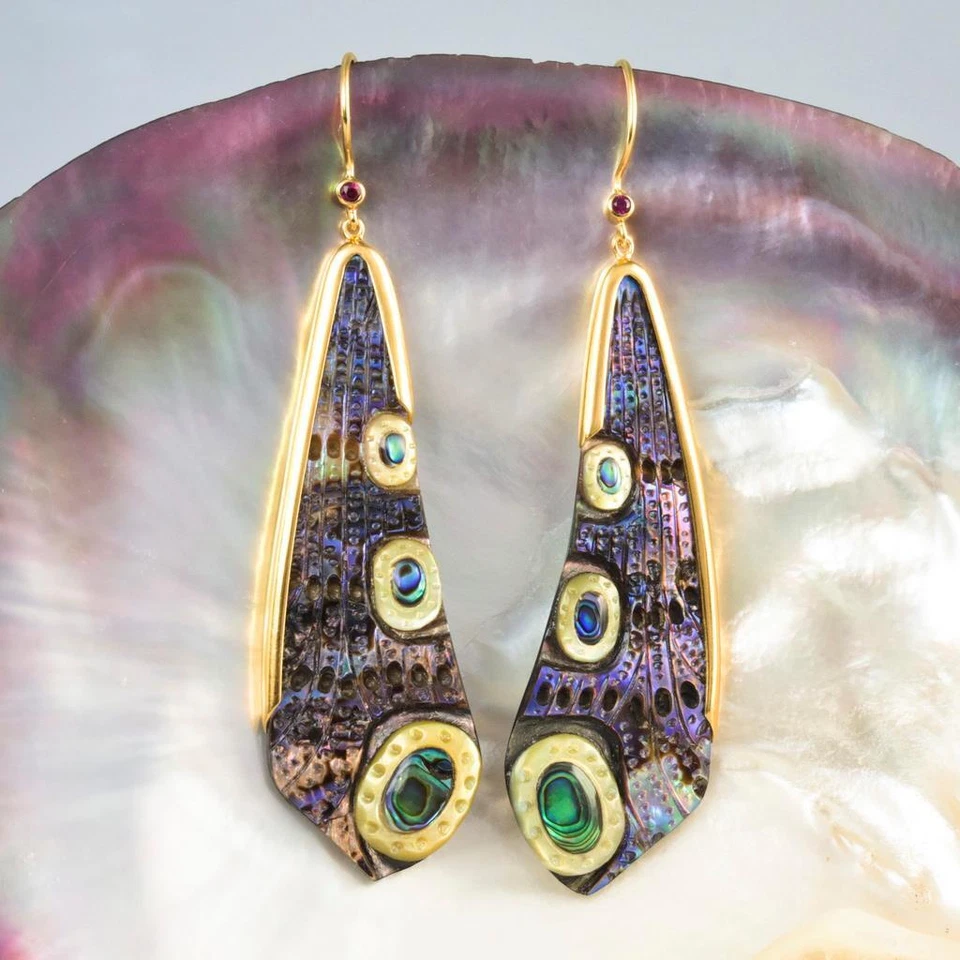 Pendientes Ala Libélula Abulón Talla Oro Vermeil Esterlina y Rubí 11.18 g Foto 2 de 4